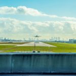 A jet airplane touches down at Fort Lauderdale International Airport in Southern Florida, US.